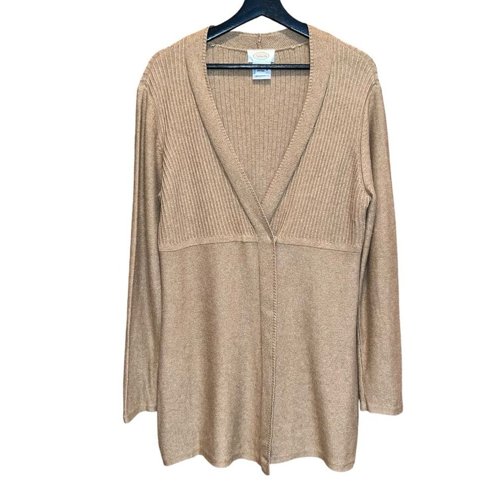 Talbots Cardigan Womens L Tan Cotton Alpaca Double Snap Closure Long Length